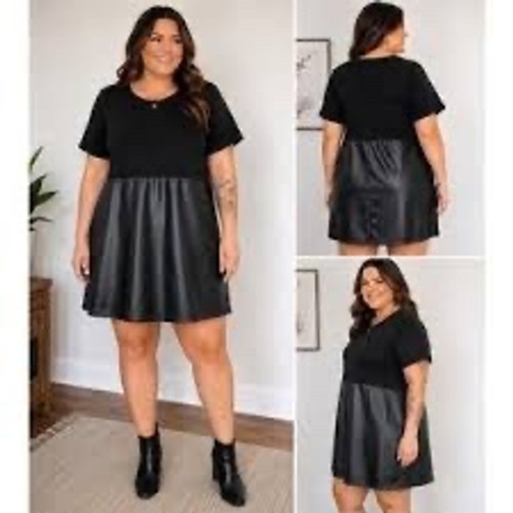 Arula Black Faux Suede and Leather Mixed Media Mini Dress Size A 16-18